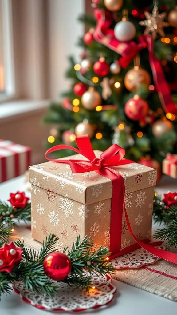 A festive Christmas gift box with a red ribbon on a table with holiday decorations.